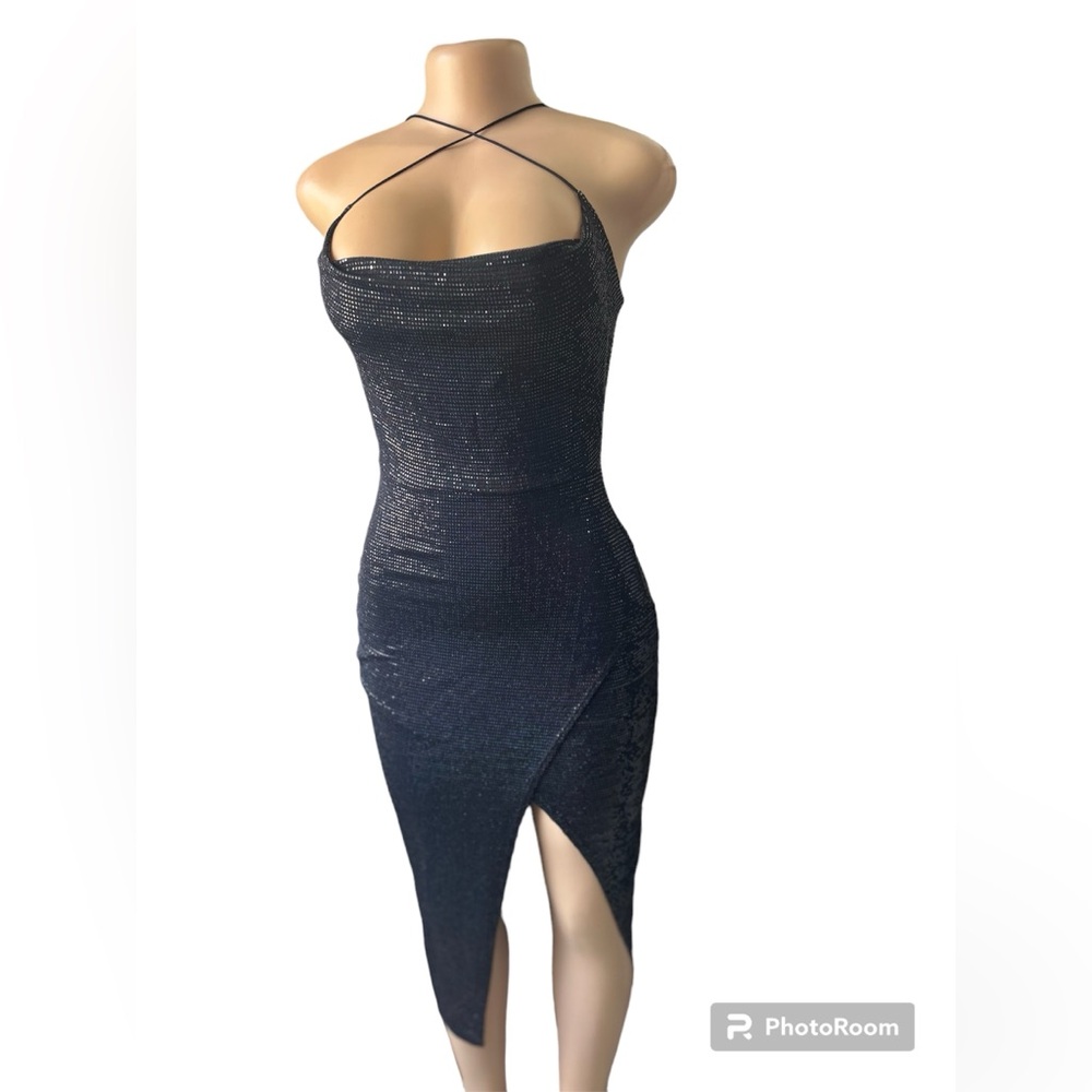 Pretty Black sexy dress with a high side split. Black party dress in a size L